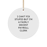 Funny Payroll Clerk Gifts for Men, Women, Friends, Coworkers, Family - I Can't Fix Stupid But I'm A Fairly Decent Payroll Clerk Christmas Unique Circle Ornament - Image 1